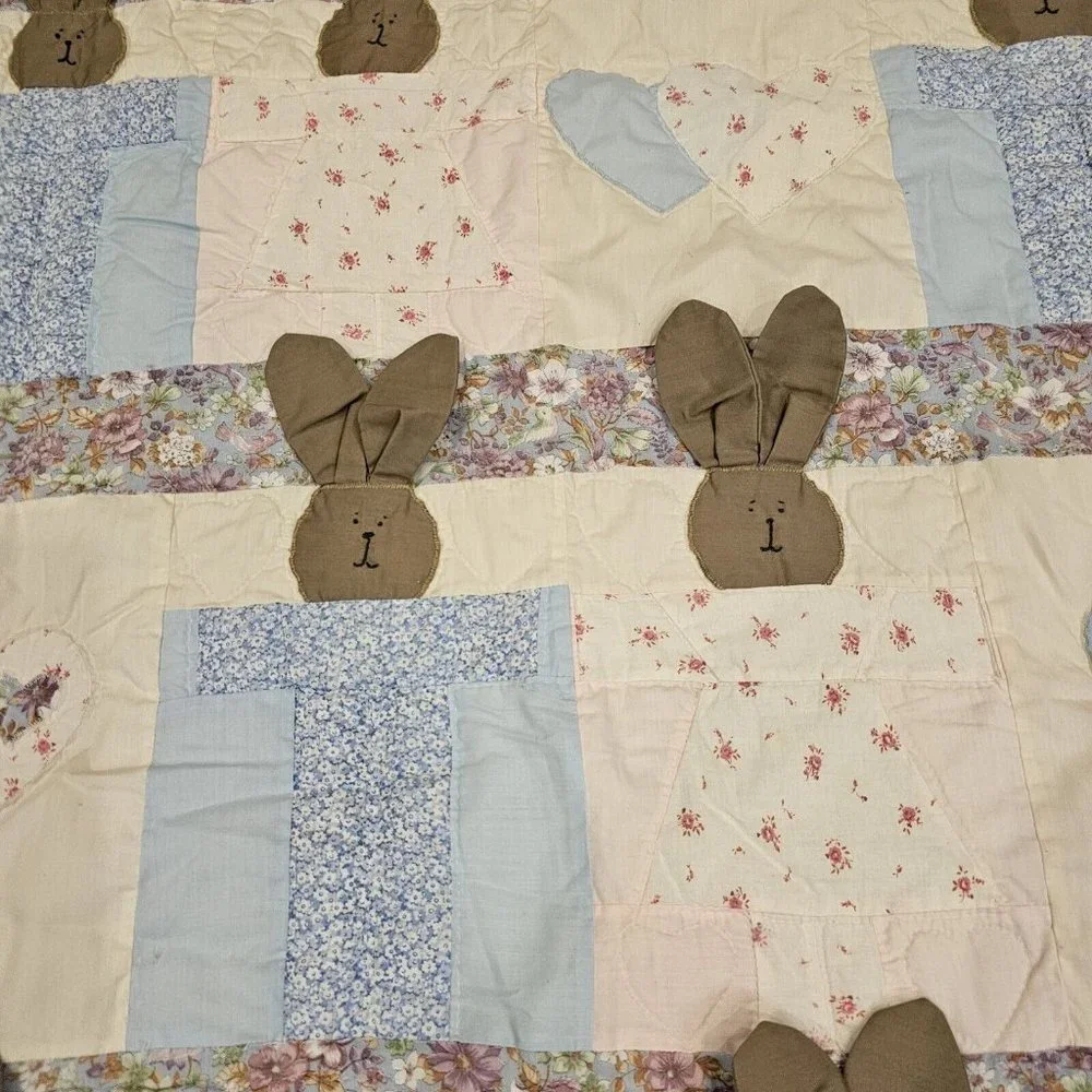 Vintage Baby Quilt Blanket Floppy Bunny Ears Hearts Blue Cream Pink Floral 44x50